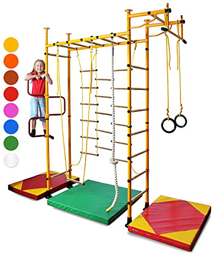 NiroSport Sprossenwand M3 Klettergerüst Indoor für Kinder in Gelb Holzsprossen Indoor Sprossenwand für Kinderzimmer Kletterwand Turnwand für max. Belastung bis 130 kg