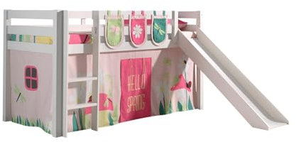 Spielbett inkl. Rutsche mit Textilset Vorhang & 3 Taschen Spring, Kiefer massiv weiß