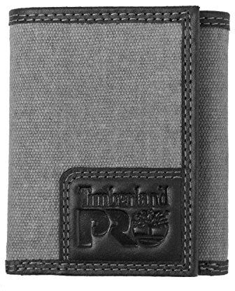 Timberland PRO Men's RFID Canvas Leather Trifold Wallet with Zippered Pocket, Charcoal, One Size