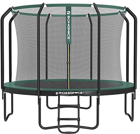 SONGMICS Trampolin 366 cm d, Gartentrampolin für Kinder mit Sicherheitsnetz, 180 cm hohe Stangen, Randabdeckung, Leiter, Stahlrahmen, schwarz-dunkelgrün STR123C01
