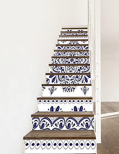 A.Monamour 13 Pezzi Adesivi per Scale Alzate Gradini Autoadesiva 3D Motivo Floreale In Porcellana Bianca E Blu Paisley Vinile PVC Adesivo Pellicola Scala Scalini Poster Stickers Decalcomania Muro