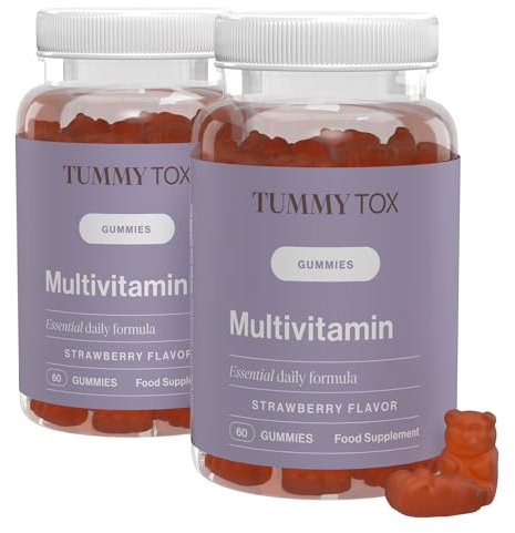 Multivitaminas y Minerales - para 4 Meses, 120 Gominolas Veganas Sabor Fresa - Vitamina C, Vitamina E y B12, Biotina, Acido Folico y 6 Micronutrientes más - TummyTox Multivitamin Gummies