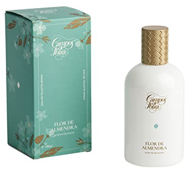 PERFUME Para Mujer CAMPOS DE IBIZA -Colonia Con Esencia De Vainilla Elaborada Con Frutos Y Flores De Almendro -Une Eau De Toilette Dulce, Irresistible -Frasco Con Estuche Regalo Spray (100 ml) | Almendro & vainilla, aroma gourmand | Esencias naturales de Ibiza | Hecho en España | Frasco grande 100 ml