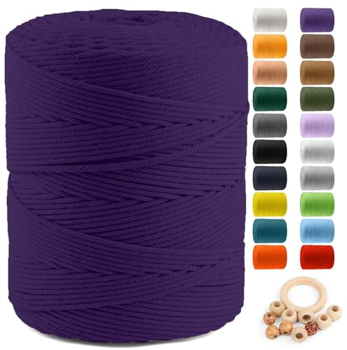 Macrame Cotton Cord 4mm x 547yds, ZUEXT Natural Handmade Dark Violet Purple Braided Cords 4 Strands Knitted Rope String for Craft Wall Hanging Weaving Tapestry Dream Catchers Hanger DIY Gift (500m)