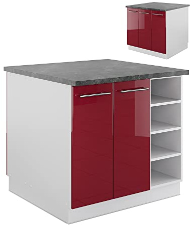 Vicco Kücheninsel Fame-Line, Bordeaux Hochglanz/Weiß, 90 cm | MDF-Front · 6 Einlegeböden · Höhenverstellbare Füße · Metallgriffe · Soft-Close