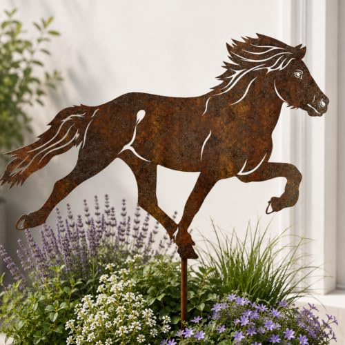 Terma Handgemachter Gartenstecker Isländer – Islandpferd aus Roststahl 30 cm – Metallfigur 45 cm hoch mit Spieß – Pferde Deko für Garten & Hof