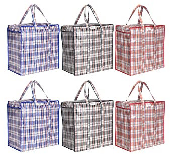 Josephine Osthoff Unisex Schwerlast wasserdichte Aufbewahrungstaschen, Langlebig, Mit Reißverschluss für Umzug & Einkaufen, 75L Kapazität, Bis zu 20 kg Belastung, Assortierte Farben, Packung mit 6