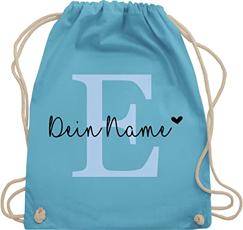 Turnbeutel Rucksack - Name anpassbar Buchstabe Herzchen I Geschenk Initialen - Unisize - Hellblau - sportbeutel+personalisiert+kinder schulkind beutel buchstaben e stoffbeutel kind