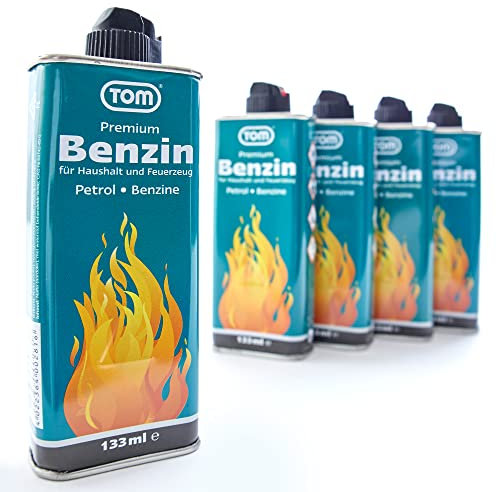 TOM 5 x Feuerzeugbenzin 133 ml Benzin Flasche im Set zum nachfüllen für Feuerzeuge, Handwärmer und Benzinkocher oder als Waschbenzin – Feuerzeug-Benzin