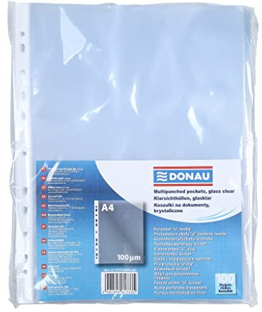 Donau - Buste portadocumenti resistenti, formato DIN A4, apertura superiore trasparente, copertina in plastica perforata, 100 micron, confezione da 100 pezzi