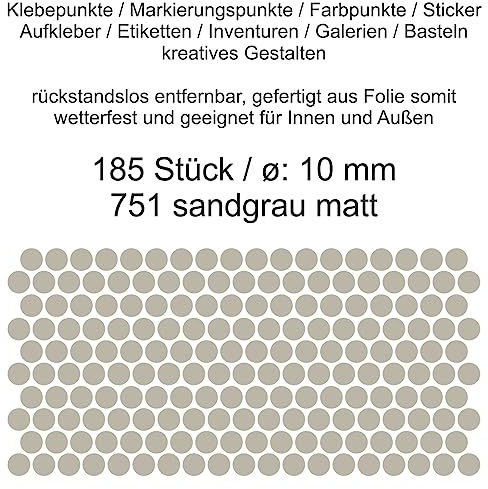 Aufkleber Etiketten Klebepunkte aus Folie 185 Stück grau sandgrau matt rund 10 mm selbstklebend farbig wetterfest Decal Markierungen Organisieren DIY basteln verzieren Modellbau Scrapbooking