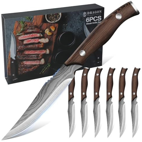 Dragon Creek Edelstahl Steakmesser Set, Steakmesser 6-teilig Holzgriff, Steakbesteck für Heim und Restaurant Geschenkbox, Scharfe Fleischmesser, Geschenke für Männer Frauen Väter Mütter