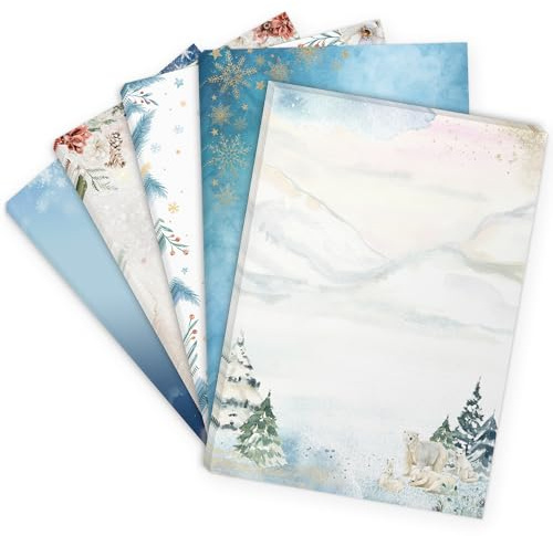 Weihnachtspapier A4 Mix | 5 Motive Weihnachten Set 3 | Weihnachtsbriefpapier beidseitig bedruckt – 50 Blatt | Premium Briefpapier | weihnachtliches Motivpapier Schreibpapier Druckerpapier 90 g/qm