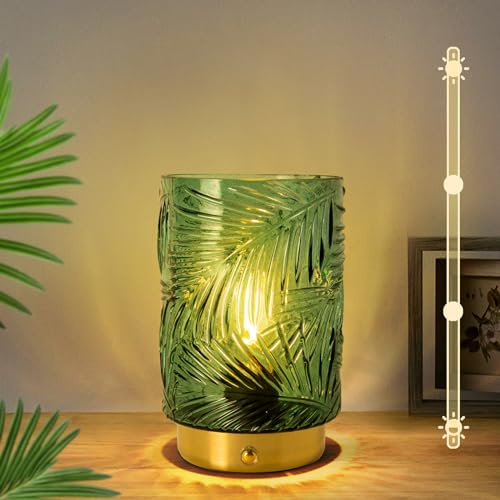 MJ PREMIER Wiederaufladbare Tischlampe Kabellose, Akku LED Tischleuchte mit Touch-Schalter, Dimmbare Tischlampe aus Glas, Dekorative USB Aufladbar Lampe, Notlampe für Stromausfall, (Grün, Mini)