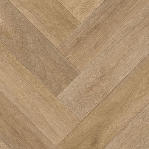 Brown Wood Effect Herringbone Pattern Anti-Slip Vinyl Flooring For LivingRoom, Hallways, Kitchen, 3.8mm Thick Cushion Backed Vinyl Sheet-2m(6'6) X 2m(6'6)-4m²