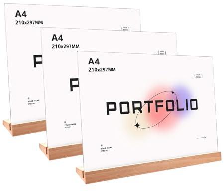 CYEER 3er Set Tischaufsteller A4 Querformat mit Buchenholz-Fuß, Acryl Werbeaufsteller Geneigt, Menükartenhalter & Aufsteller DIN A4 für Gastronomie, Messen, Büro & Events