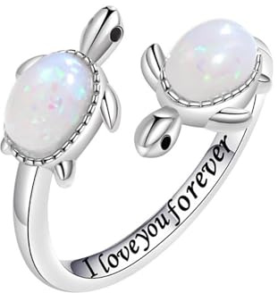 IMINI Bague en opale avec tortue de mer et inscription « I Love You Forever » réglable pour mère et fille - Motif tortue mignonne - pour femmes et filles - Famille - Amitié, Métal, Opale