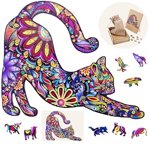 Engelhart - 602100 - Puzzle en Bois Chat - 59 Pièces Uniques - Puzzle Animaux - Boîte Cadeau en Bois - À partir de 12 Ans - 21 x 29.7 cm - Découpe au Laser, Épaisseur 3 mm