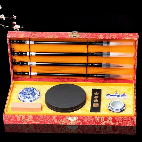 10 Piezas Juego de Pinceles de Escritura para Caligrafía China, Kit de Tinta de Papel, Accesorios de Escritura, Suministros de Regalo para Estudiantes Principiantes, Pintura de Paisaje de Tinta（Rojo）