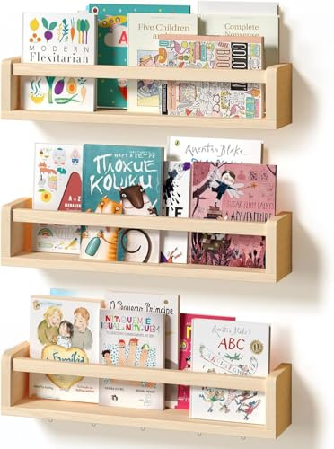 BBLIKE Étagère Murale Enfant Lot de 3-42cm Étagère Livre Enfant avec Affichage à Suspendre pour Photos, Bois Bibliothèque Enfant, Étagère Flottante Chambre Enfant pour d'enfant Salle de Jeux