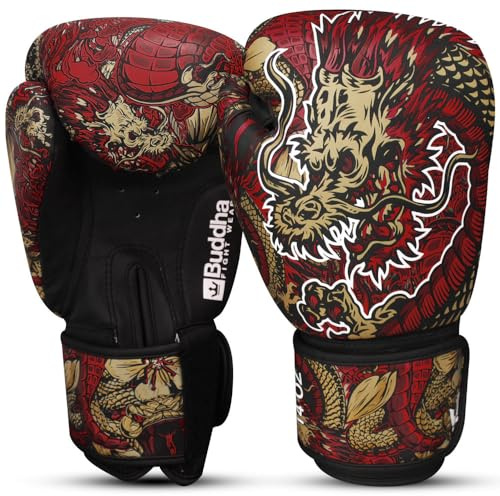 BUDDHA FIGHT WEAR - Dragon röda boxningshandskar designade för träning och sparring i Muay Thai Kickboxing Fitness - herr och dam - 300 ml