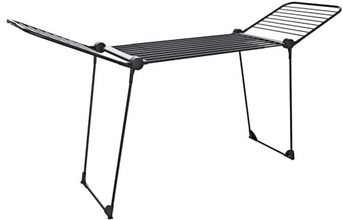 Stendibiancheria Estensibile Fino a 2 Metri Griglia Telescopica 30 M di Stenditura Stendino Grandi Dimensioni Ali Alte Uso Interno Esterno Con Ruote Richiudibile 218-300 x 55 x 126 cm (Nero Opaco)