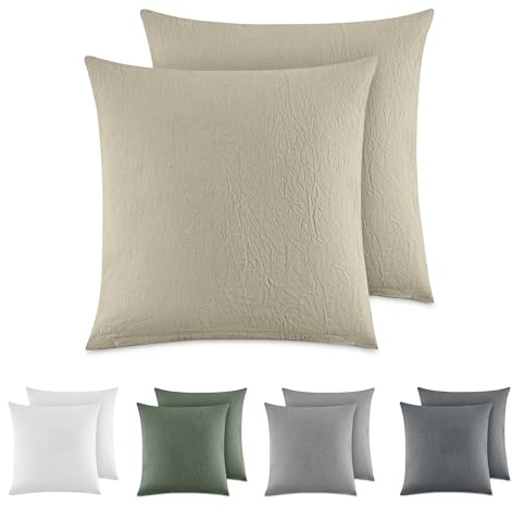 Dreamzie Kissenbezug 80x80 cm 2er Set - 100% Gewaschene Baumwolle, Beige, Kissenbezüge Oeko-TEX Zertifiziert, Leinenoptik und Atmungsaktiv Kissenhülle, Kopfkissenbezug mit Reißverschluss