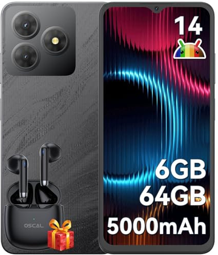 OSCAL Flat 2C Handy Ohne Vertrag Android 14, 6GB+64GB/2TB TF, Octa-Core 6,56 HD+, 5000mAh Akku, 13MP+8MP Kamera, 4G Dual SIM Smartphone Ohne Vertrag Günstig Simlockfreie Handys, GPS/2 Jahre Garantie