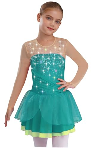Nyeemya Mädchen Langarm Eiskunstlauf Kleid Strass Glitzer Leotard Mit Wickelrock Tanzkleid Turnanzug Wettbewerb Tanzkleidung