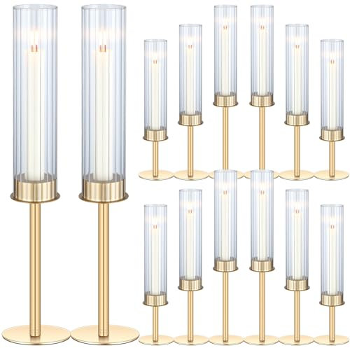 Mumufy 12 Stück goldene Hurrican-Kerzenhalter, Messing-Kerzenhalter mit Glasabdeckung, Kerzenhalter, Kandelaber, hoher Kerzenhalter, Dekoration für Tisch, Tafelaufsatz, Hochzeit, Party,