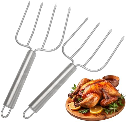 PHITUODA Forchette per tacchino in acciaio inox, forchette per arrosto e pollame, a quattro aghi per carne, arrosti, forchette da intaglio per il Ringraziamento, set di 2