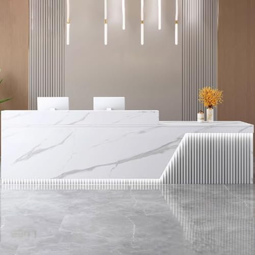 GUQASDV Reception Desk Modern, Empfangstheke Rezeption, Empfangstresen für Praxis, Reception Table mit LED-Lichtleisten für Supermärkte, Bekleidungsgeschäfte, Restaurants(White texture+light gray,140c