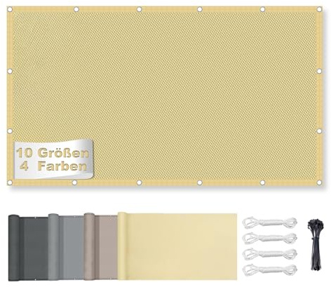 Parasol Sail, Balcony Cladding with Rope, Waterproof Awning with Eyelets, Sun Protection Wind Protection Balcony Patio, 95% UV Protection for Balcony and Garden, Sand Colours 3 x 4 m