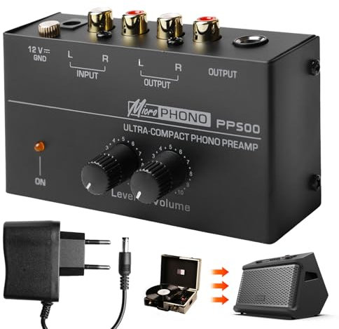 Sporgo Giradischi Phono preamplificatore: preamplificatore per giradischi con sistemi di scansione MM, ingresso e uscita RCA, Phono Preamp per giradischi con livello, amplificatore stereo con