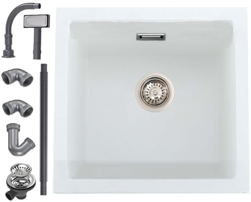 iAnomla Quartz White Kitchen Sink, 45x45cm/18x18in, Composite Inset/Undermount Kitchen Small Sink Waste Kit,Single Bowl Commercial with Overflow, Suitable for Workstation