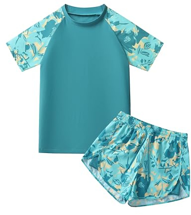 Boys' Rash Guard Set Two Piece Swimsuits Kids Short Sleeve Swimwear Swim Trunks with Compression Liner UPF 50+ (5-16T) Green