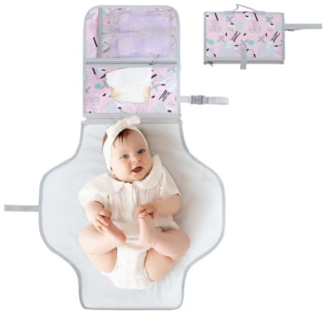Queenshin Baby Wickelunterlage für Unterwegs,Tragbare Wasserdichte Faltbare Wickelunterlage,Reise Windeltasche,Kombinierbare Abnehmbare Wickeltasche Organizer (Rosa)