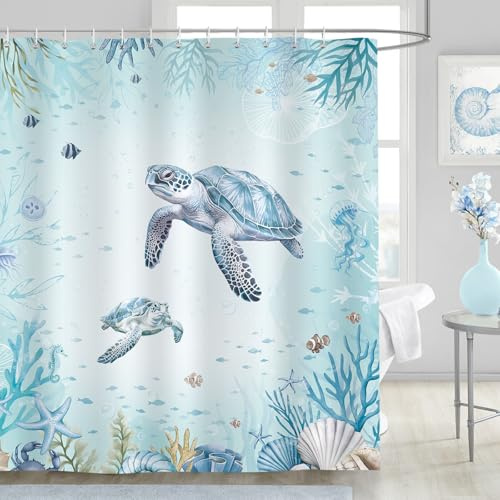 Dazzlewall Meeresschildkröte Teal Blau Duschvorhang Bad Anti-Schimmel | Klares Küstengefühl, wasserabweisend, schnelltrocknend, waschbar, inkl. 12 Haken, für Dusche, Wanne & Gäste-WC
