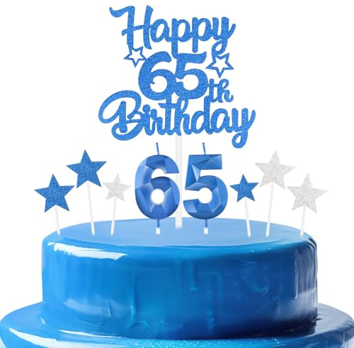 mciskin Royal Blue 65th Birthday Candles Cake Topers Set,Men 65th Birthday Decorations,Royal Blue Number 65 Candle for Cake,Personalised Cupcake Toppers with Star for Men Women Birthday Party Supplies