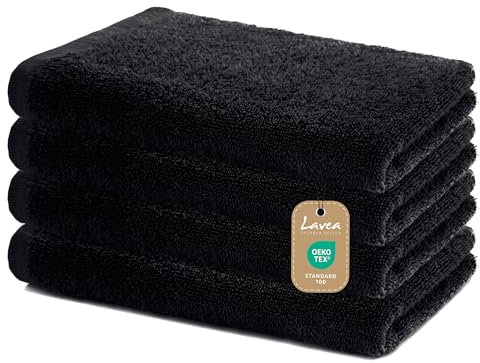 Lavea Juego de 4 Toallas de Mano de 40 x 70 cm, Suaves y absorbentes, de 100% algodón, con Certificado Öko-Tex, Lavable a 60 Grados, Ideal para baño, Aseo de Invitados, Deporte y Fitness, Negro