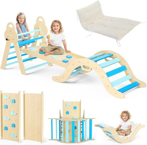 STYPLZ 7-in-1 Montessori Indoor Spielset, Klettergerüst Set: Indoor Kletterdreieck, Kletterbogen mit Kissen, und Rutsche für Kinder,Indoor Spielplatz 1-3 Jahre (3 – blau)