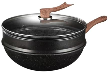 Bohany Woks antiadhésifs avec couvercle - 32 cm - Poêle à frire anti-adhésive avec insert vapeur - Ustensiles de cuisine antiadhésifs pour four, braiser, rôtir, pâtisserie, restaurant, camping
