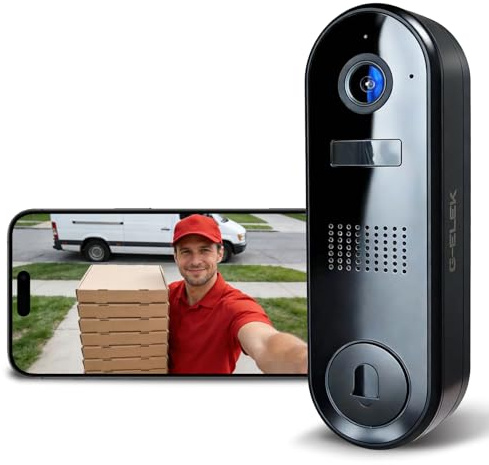 G-ELEK Sonnette Vidéo 2K Sans Fil Extérieure IP66, Caméra Porte Détection Humaine IA, Audio Bidirectionnel, Vision Nocturne, Carillon Intérieur, WiFi 2,4 GHz, Noir