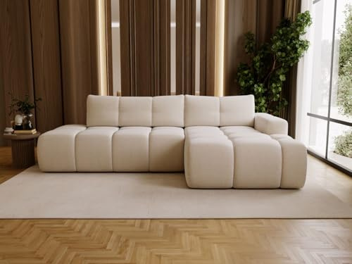 GRAINGOLD Montero L Ecksofa modern mit Bettfunktion, 280x177 cm, L-Form Sofa, Schlafcouch für Wohnzimmer, Bouclé-Stoff, 3-Sitzer Eckcouch, Ecksofa mit Bettkasten (Creme, Rechts)