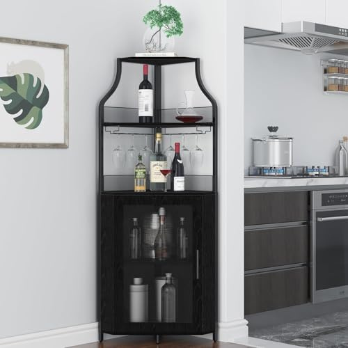 OPULENTHOME Vinskåp, hörnskåp med arbetsbord, vinskåp i trä med 5 förvaringsfack och 2 glashållare och nätdörr för kök, vardagsrum, matsal (152 x 90 x 32 cm, svart)