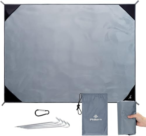 PHILORN Grande Coperta da Picnic Tasca con 4 Picchetti Impermeabile Ultraleggero Portatile Durevole Migliore per Spiaggia, Campeggio, Viaggio, Escursionismo All'aperto (200 x 200 cm, Grigio)