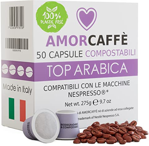 Amorcaffe 50 Home Compostable Compatible with Nespresso Coffee Capsules Pods - Top Arabica - Medium Roast