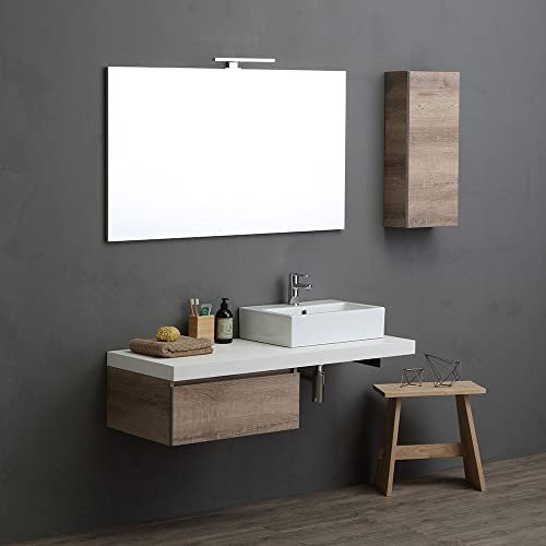 Kiamami Valentina - Mobile Bagno Componibile | Lavabo Quadrato | Mensola 120x50 cm | Cassetto Rovere-Oro 60 cm | Pensile Contenitore 70x30x17 cm | Specchio LED 120x70 cm, Bianco, Legno Ingegnerizzato
