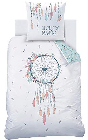 Matt&Rose TRAUMFÄNGER Bettwäsche Set 135x200 80x80 · Mädchenbettwäsche · Flanell/Biber · Dreamcatcher, Blumen & Federn - Kissenbezug 80x80 + Bettbezug 135x200 cm - 100% Baumwolle
