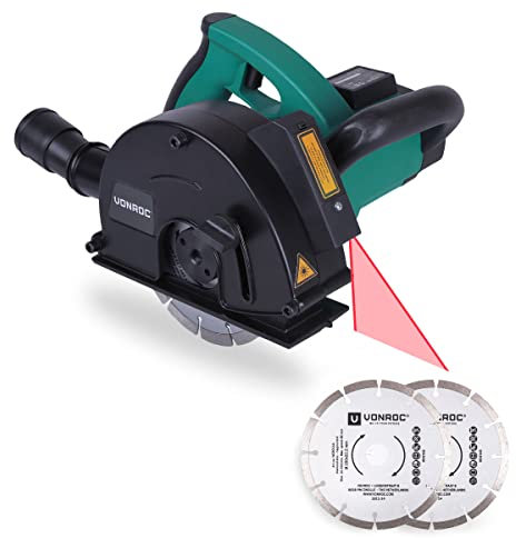 VONROC Mauernutfräse Schlitzfräse Laser mit Absaughaube - Mauerfräse 1700W - Schlitzmaschine für 150mm Kabelnut - Nutfräser, Fugenfräse inklusive 4 Diamantscheiben